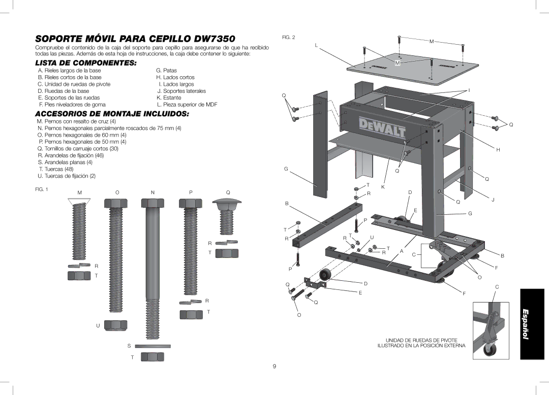 DeWalt DW7350 instruction manual Lista DE Componentes, Accesorios DE Montaje Incluidos 