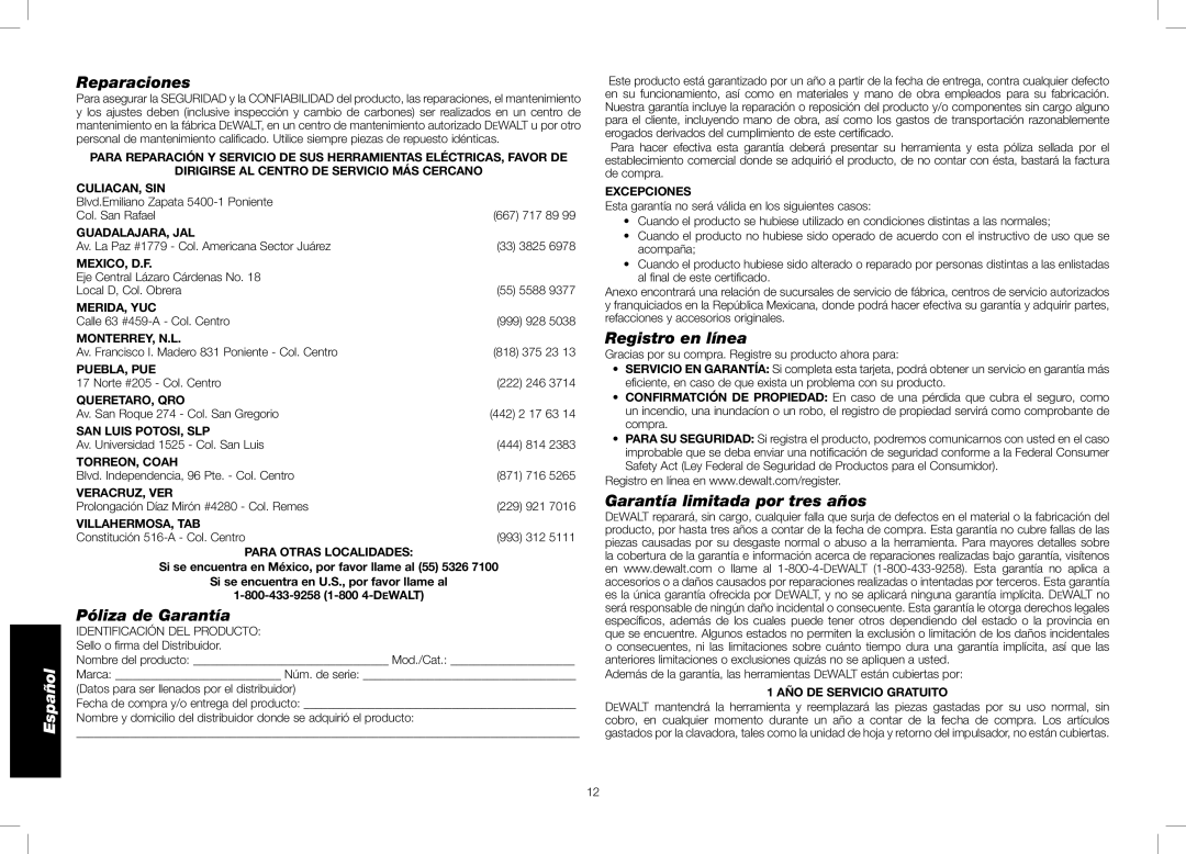 DeWalt DW7350 instruction manual Reparaciones, Póliza de Garantía, Registro en línea, Garantía limitada por tres años 