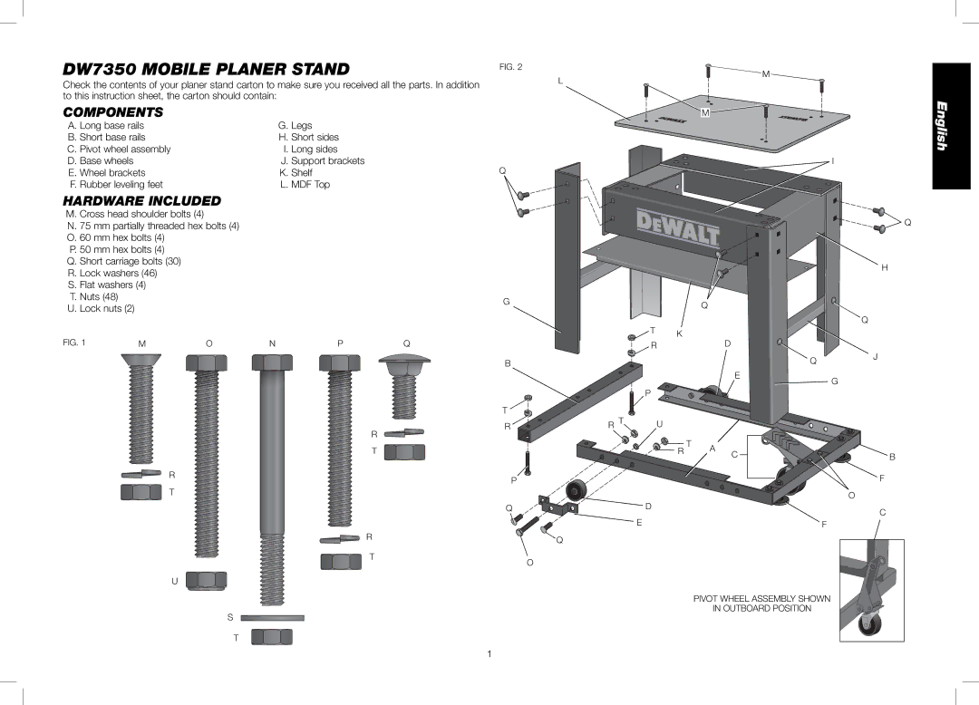 DeWalt DW7350 instruction manual Components, Hardware Included 