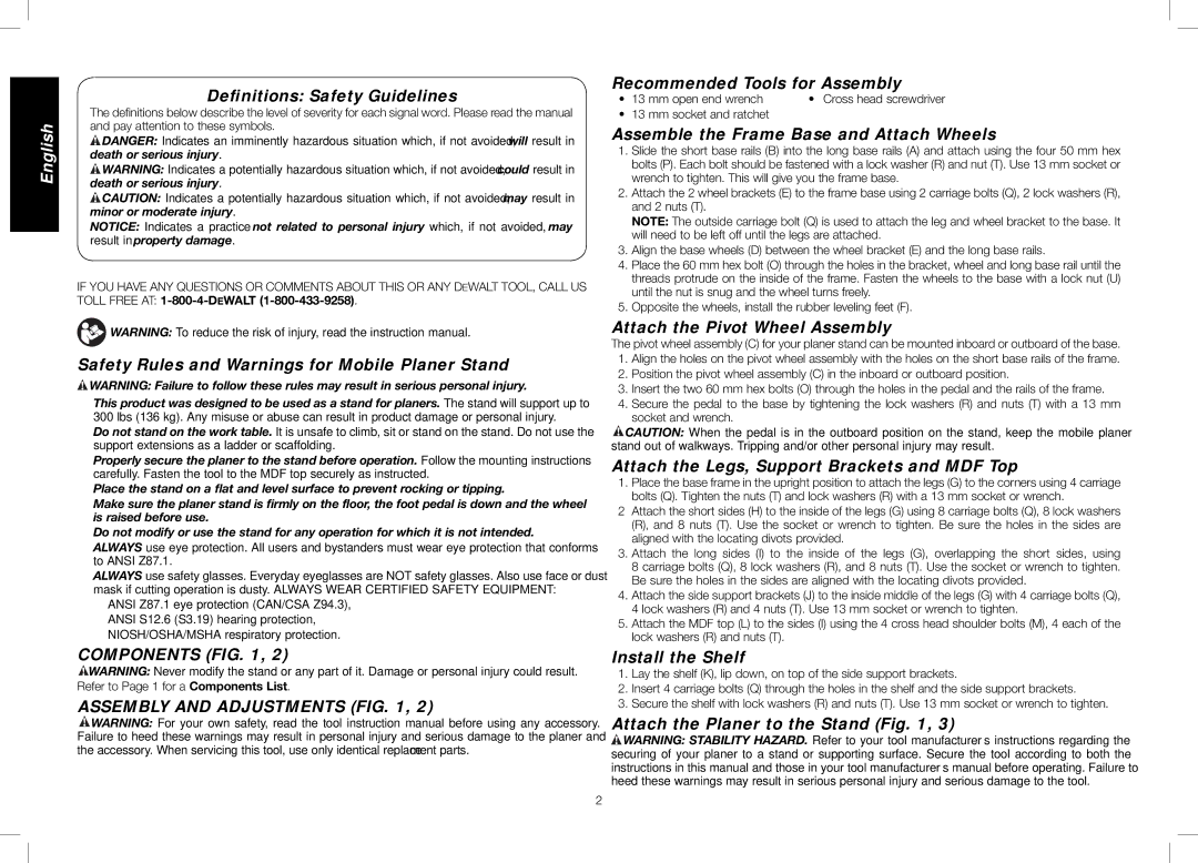 DeWalt DW7350 instruction manual Assembly and Adjustments 