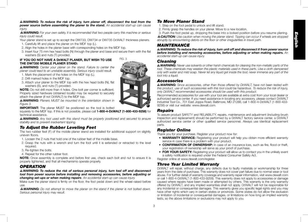 DeWalt DW7350 instruction manual Operation, Maintenance 