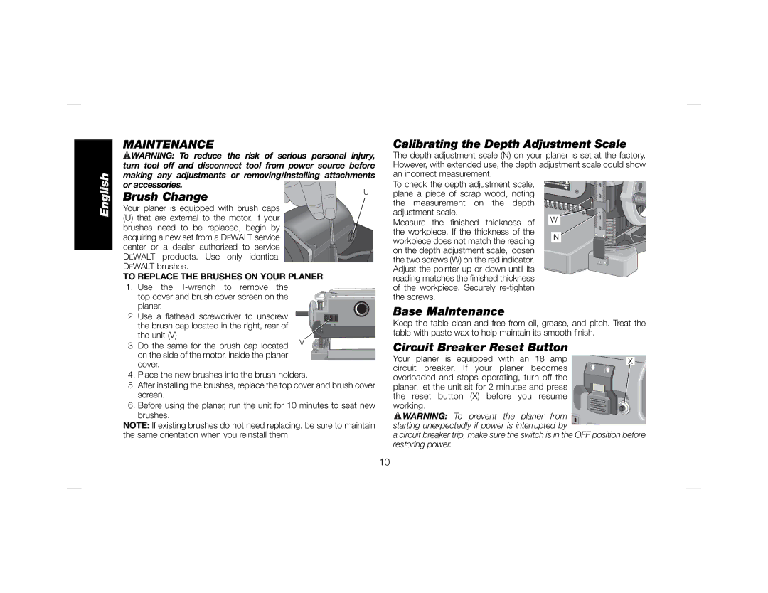 DeWalt DW735X Brush Change, Calibrating the Depth Adjustment Scale, Base Maintenance, Circuit Breaker Reset Button 