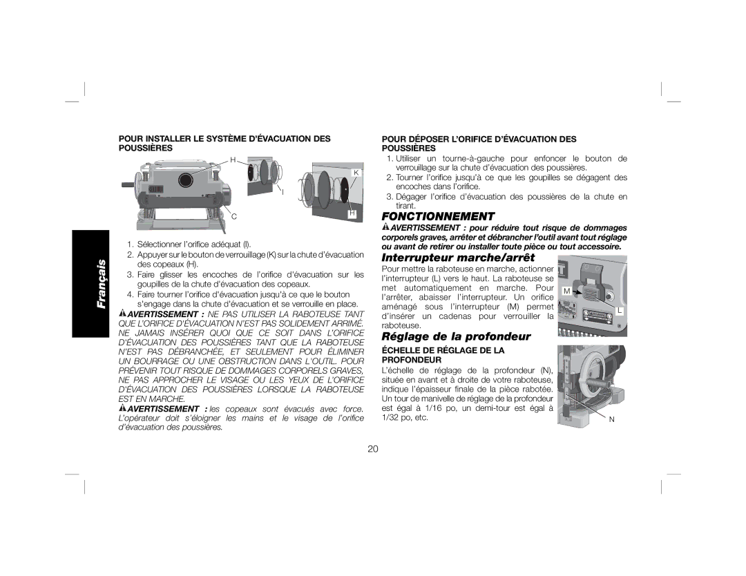 DeWalt DW735X instruction manual Fonctionnement, Interrupteur marche/arrêt, Réglage de la profondeur 