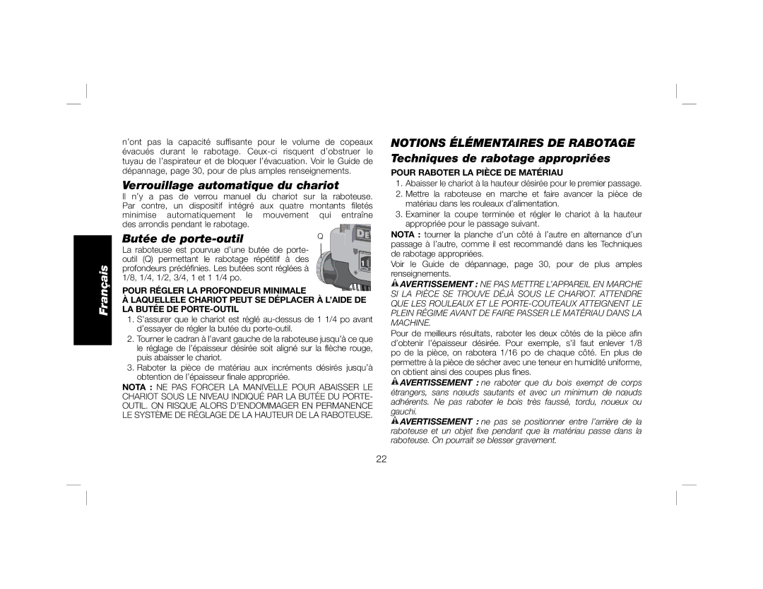 DeWalt DW735X instruction manual Butée de porte-outil, Pour Raboter LA Pièce DE Matériau 