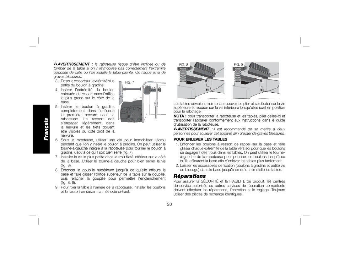 DeWalt DW735X instruction manual Réparations, Pour Enlever LES Tables 