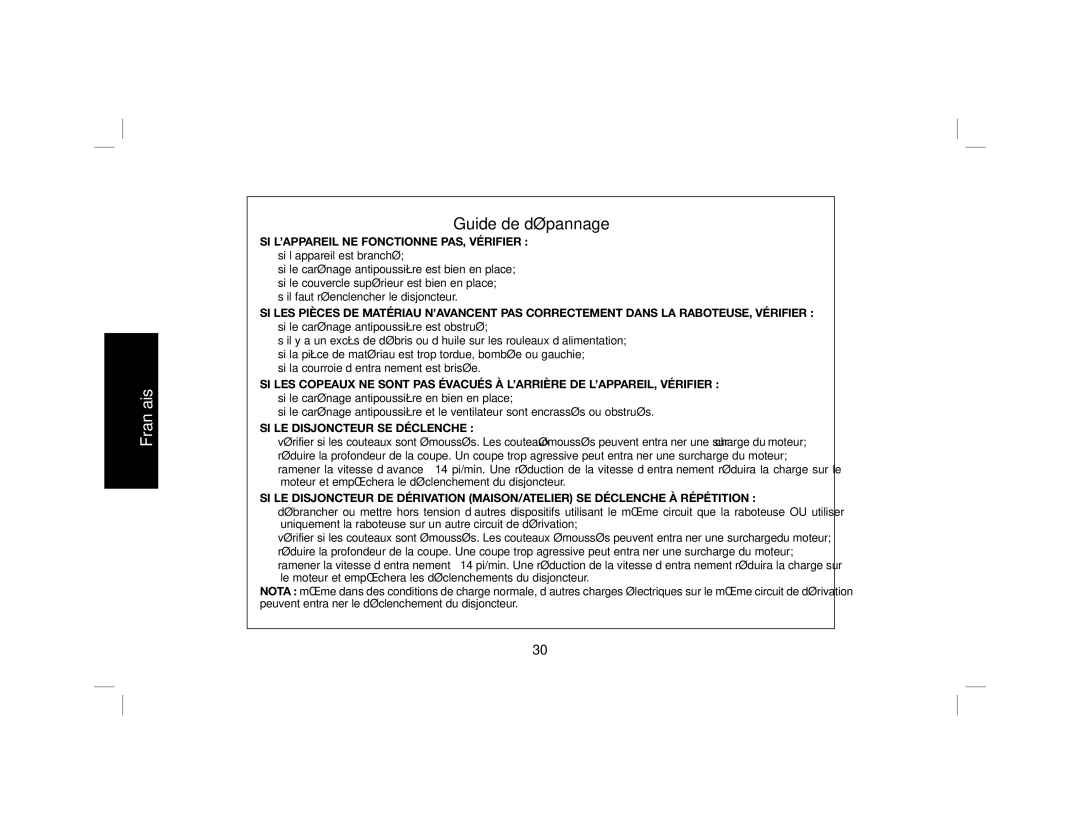 DeWalt DW735X instruction manual Guide de dépannage, SI L’APPAREIL NE Fonctionne PAS, Vérifier 