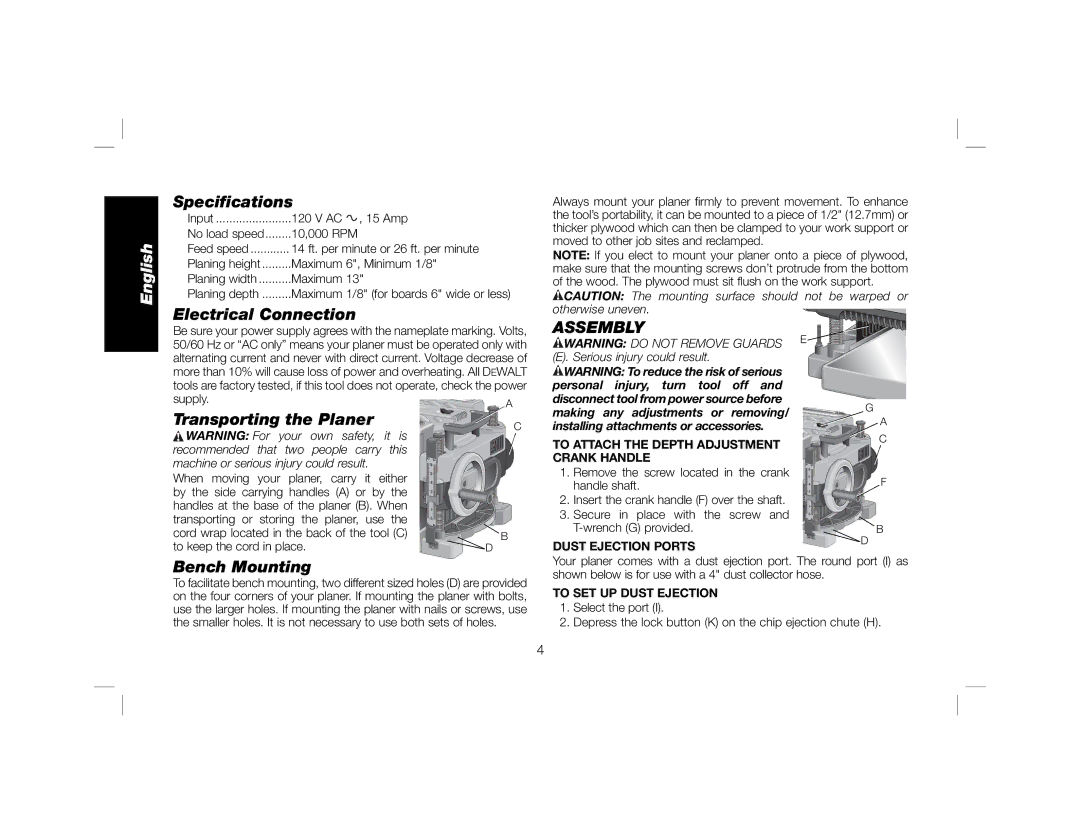 DeWalt DW735X instruction manual Speciﬁcations, Electrical Connection, Transporting the Planer, Bench Mounting, Assembly 