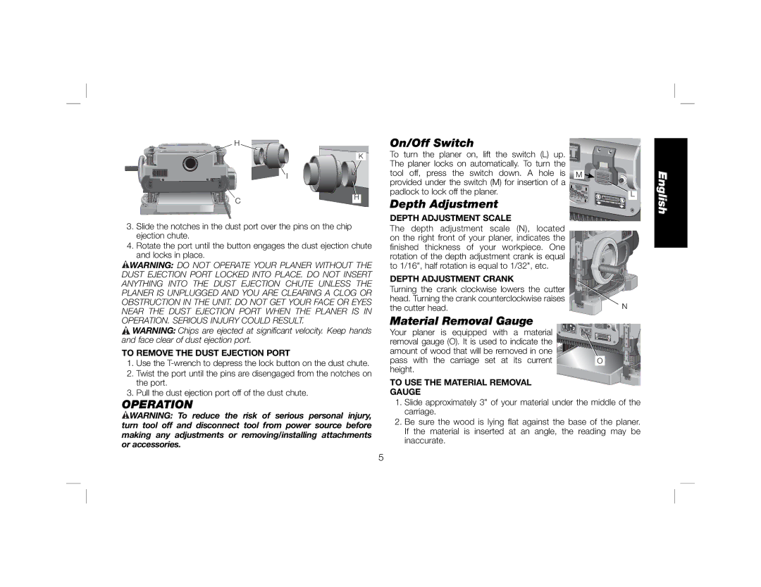 DeWalt DW735X instruction manual Operation, On/Off Switch, Depth Adjustment, Material Removal Gauge 