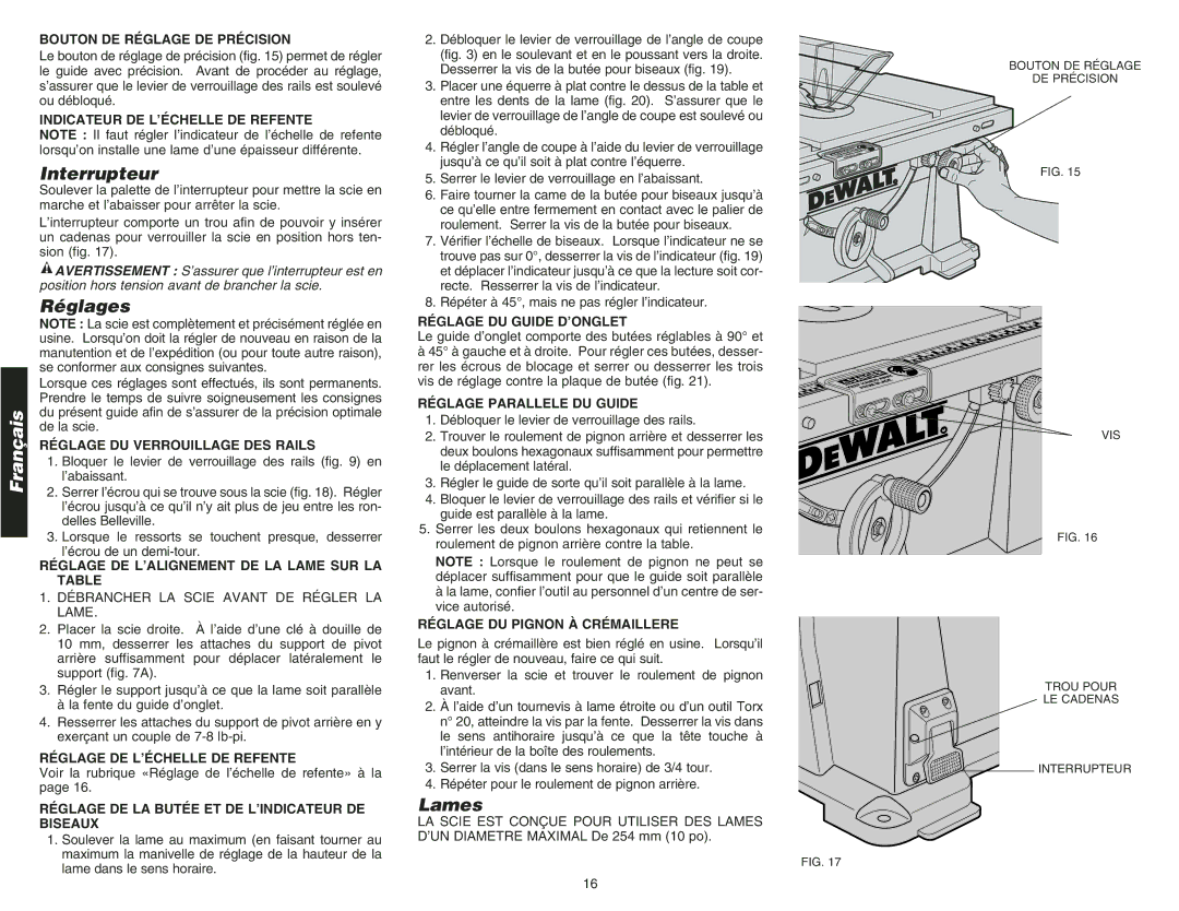 DeWalt DW744 instruction manual Interrupteur, Réglages, Lames 