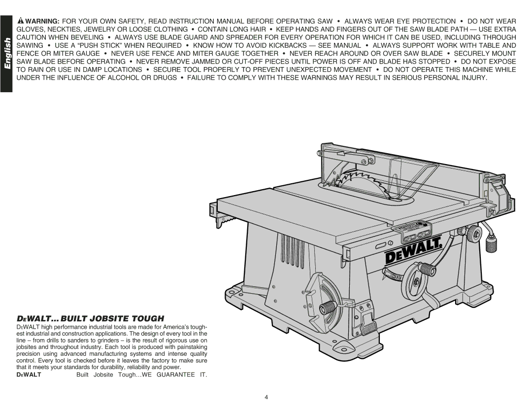 DeWalt DW744 instruction manual DEWALT… Built Jobsite Tough, DEWALTBuilt Jobsite Tough…WE Guarantee IT 