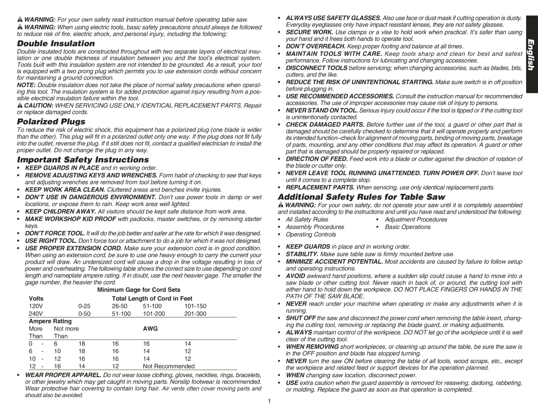 DeWalt DW744 Double Insulation, Polarized Plugs, Important Safety Instructions, Additional Safety Rules for Table Saw, Awg 