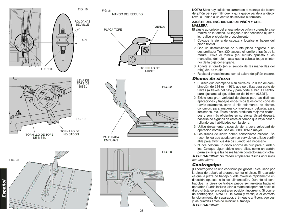 DeWalt DW744 instruction manual Discos de sierra, Contragolpe, Ajuste DEL Engranado DE Piñón Y CRE- Mallera 