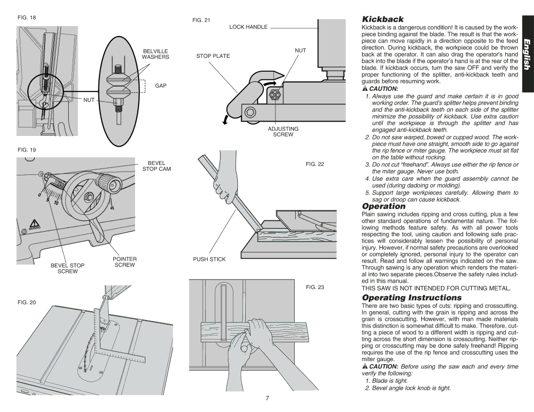 DeWalt DW744 Kickback, Operation, Operating Instructions, Ed in this manual, This SAW is not Intended for Cutting Metal 