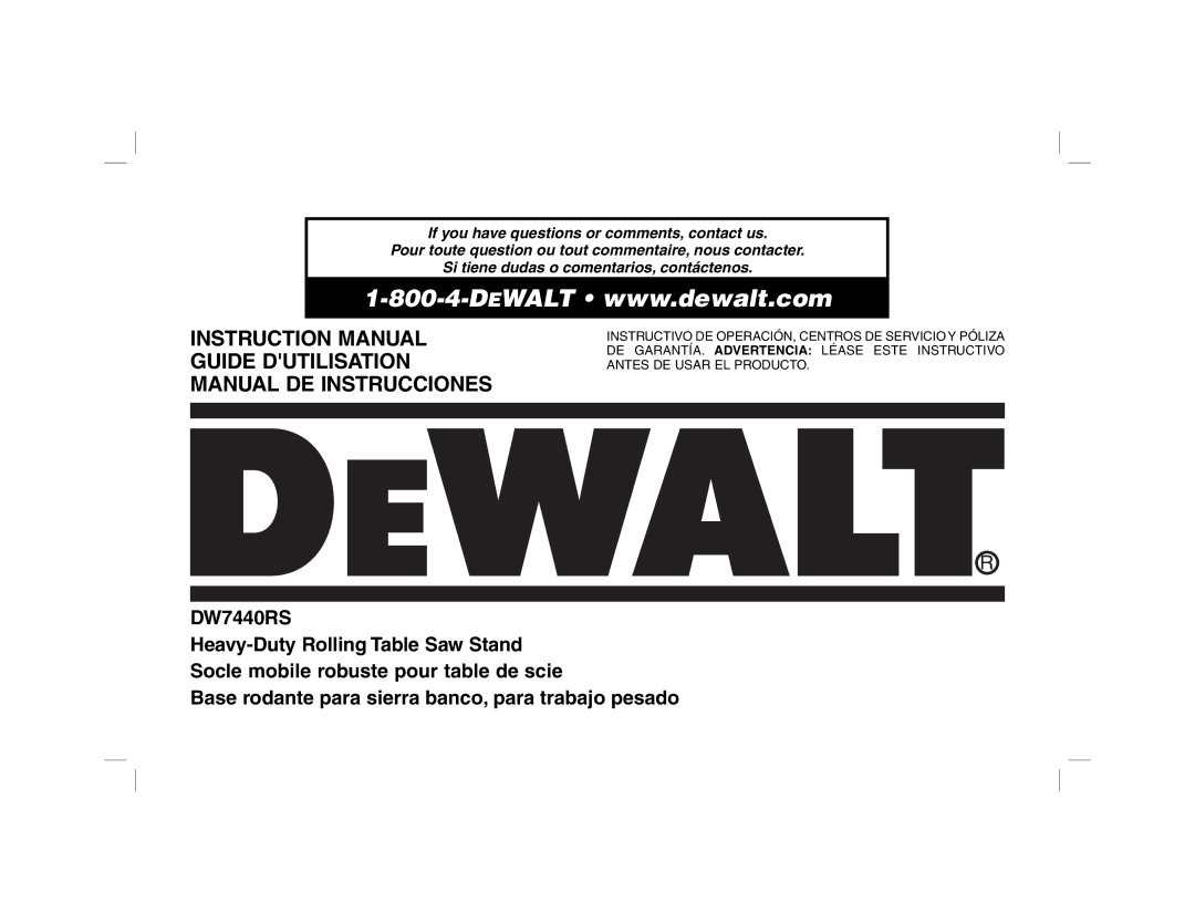 DeWalt DW7440RS instruction manual Guide Dutilisation Manual DE Instrucciones 