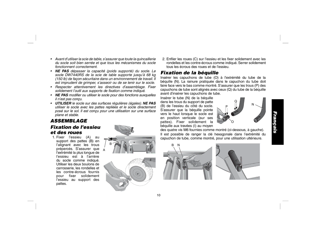 DeWalt DW7440RS instruction manual Fixation de l’essieu et des roues, Fixation de la béquille 