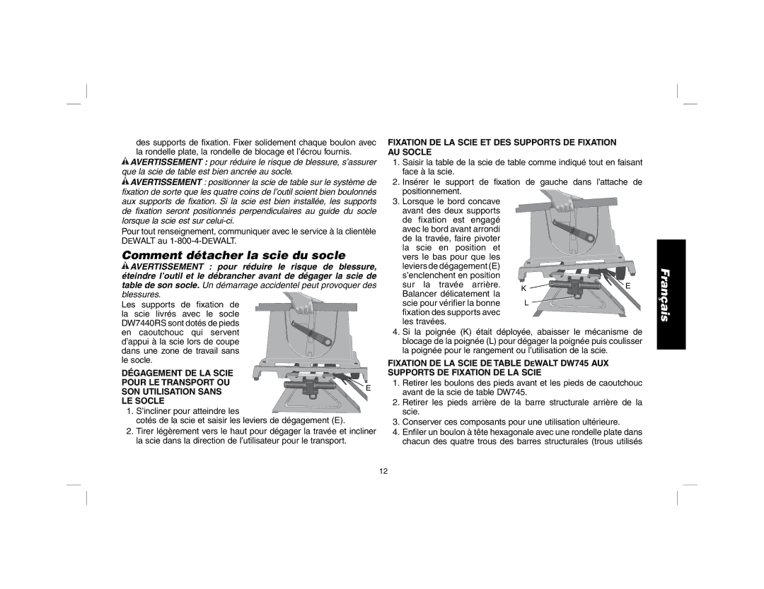 DeWalt DW7440RS Comment détacher la scie du socle, Fixation DE LA Scie ET DES Supports DE Fixation AU Socle 