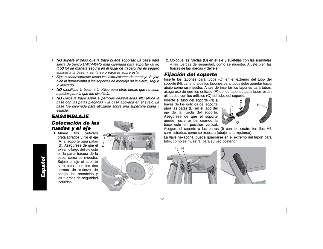 DeWalt DW7440RS instruction manual Colocación de las ruedas y el eje, Fijación del soporte 