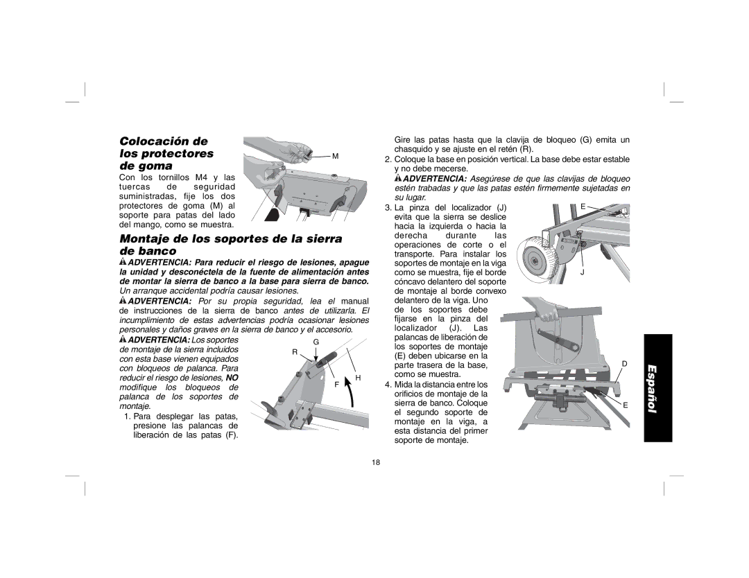 DeWalt DW7440RS instruction manual Colocación de Los protectores De goma, Montaje de los soportes de la sierra de banco 