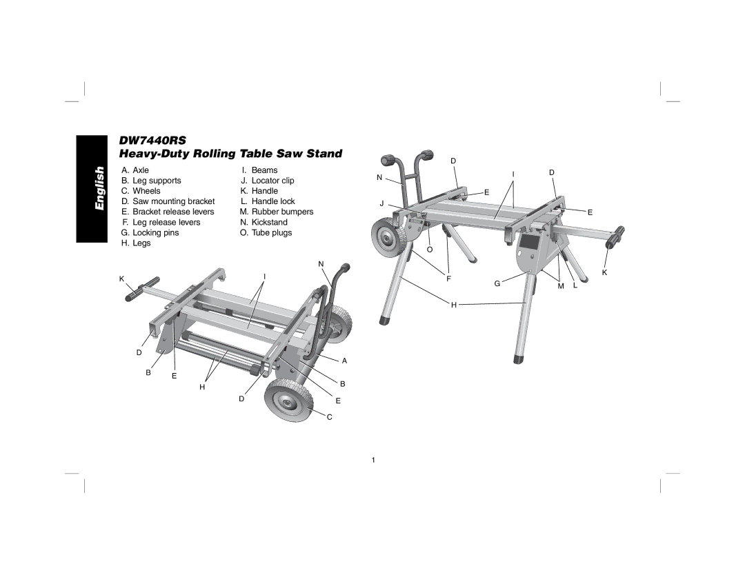 DeWalt instruction manual English, DW7440RS Heavy-Duty Rolling Table Saw Stand 