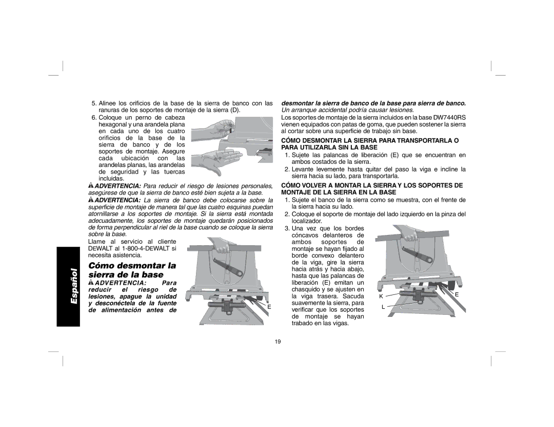 DeWalt DW7440RS instruction manual Cómo desmontar la sierra de la base, De alimentación antes de 