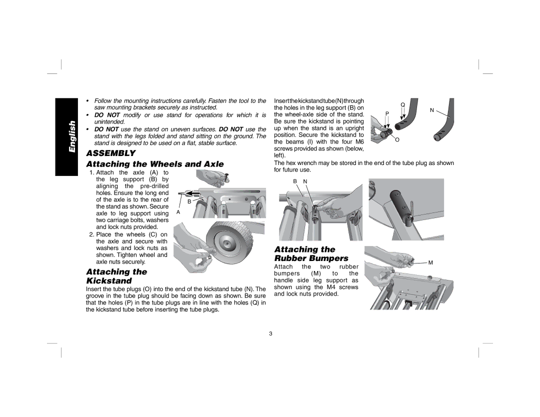 DeWalt DW7440RS instruction manual Attaching the Wheels and Axle, Attaching Kickstand, Attaching Rubber Bumpers 