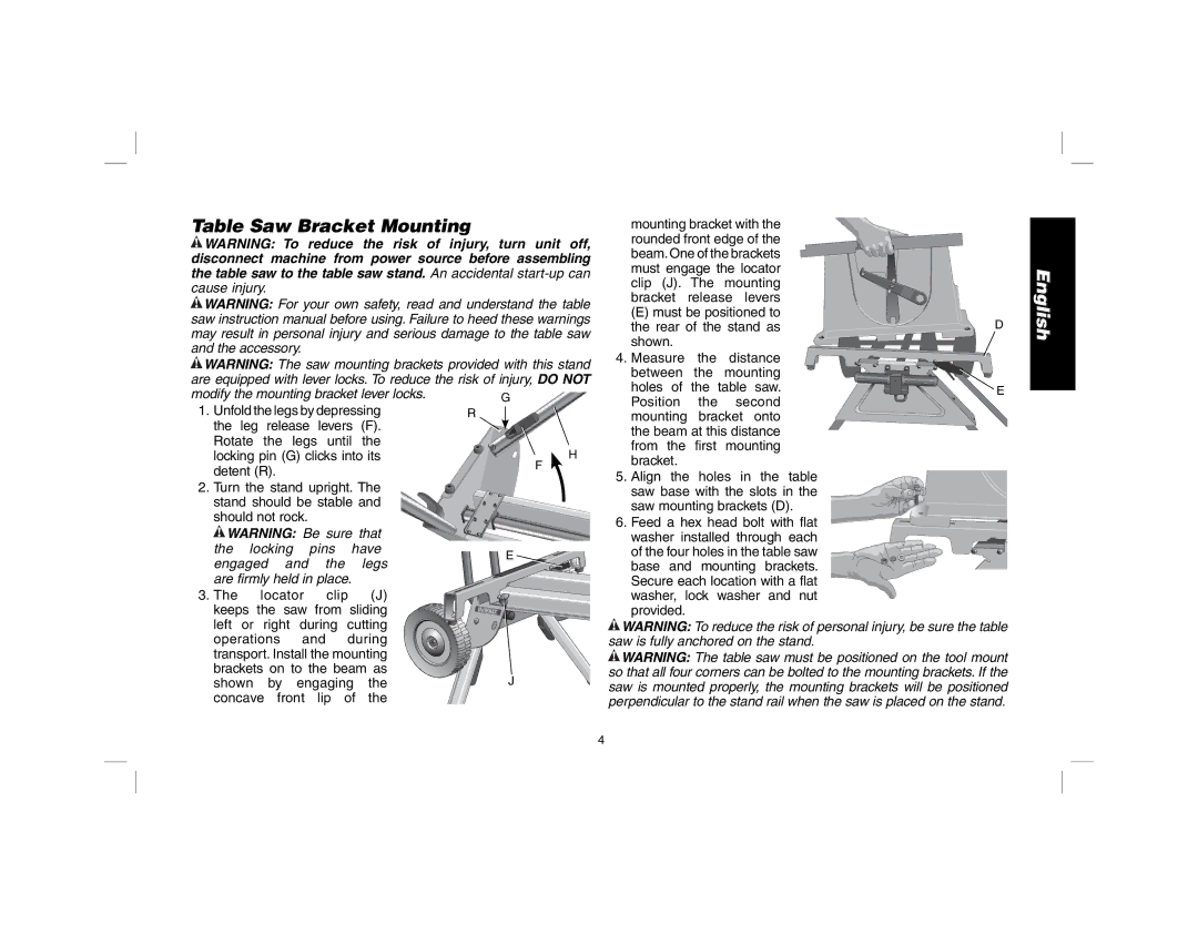 DeWalt DW7440RS instruction manual Table Saw Bracket Mounting, Concave Front 