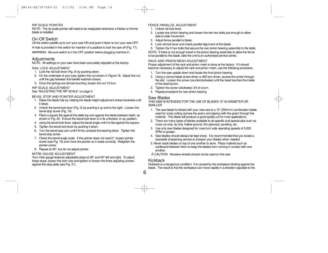 DeWalt DW744XRS instruction manual On-Off Switch, Adjustments, Saw Blades, Kickback 