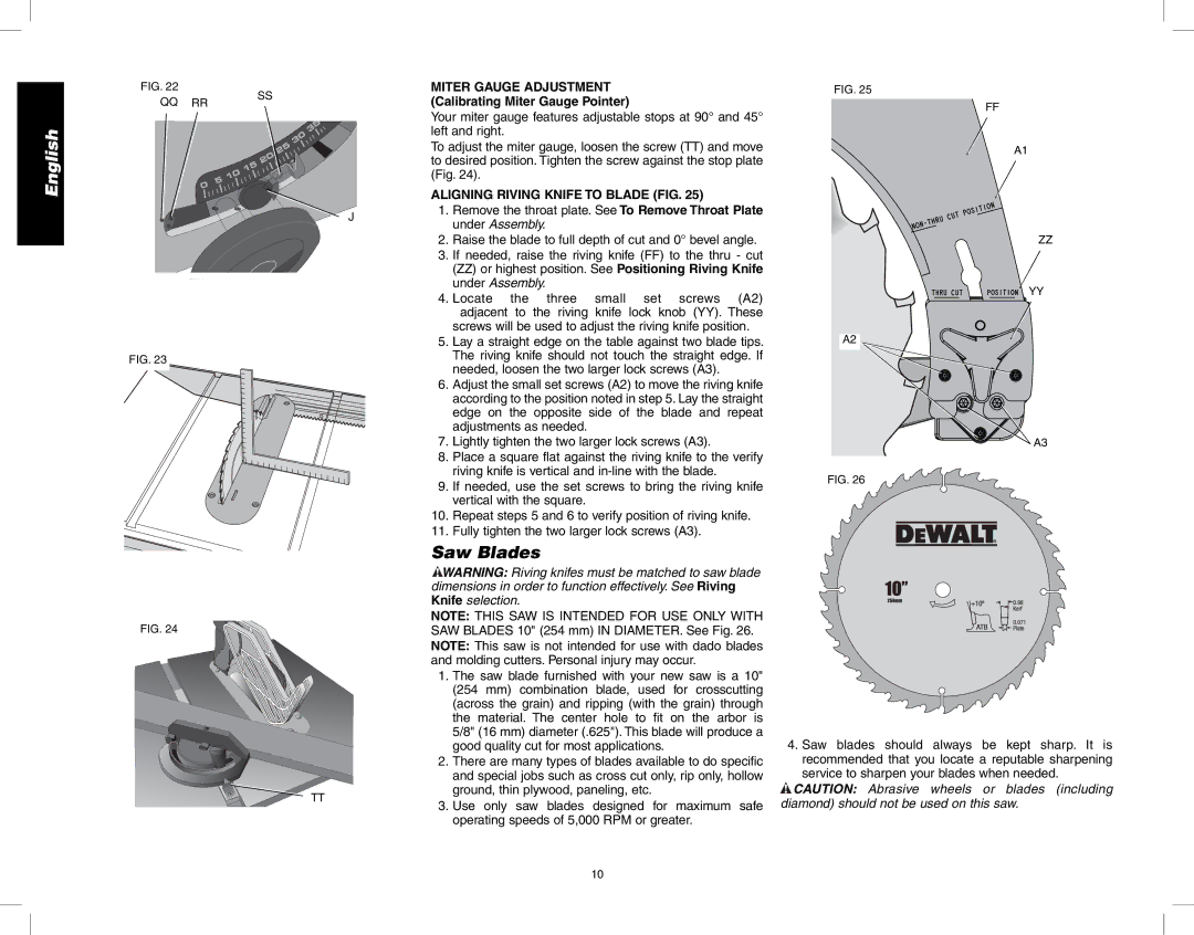 DeWalt DW745 Saw Blades, Miter Gauge Adjustment Calibrating Miter Gauge Pointer, Aligning Riving Knife to Blade FIG 