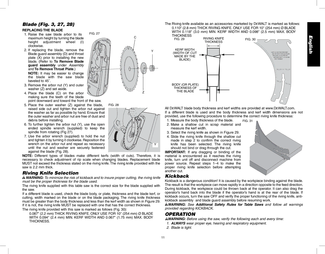 DeWalt DW745 instruction manual Blade , 27, Riving Knife Selection, Kickback, Operation, Replacing the Blade 