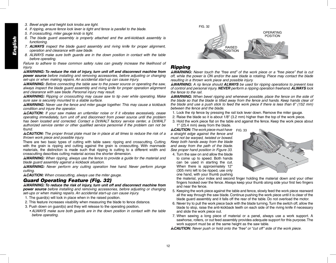 DeWalt DW745 instruction manual Guard Operating Feature Fig, Ripping 