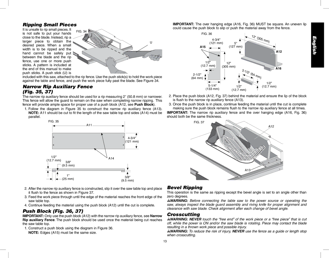 DeWalt DW745 instruction manual Ripping Small Pieces, Narrow Rip Auxiliary Fence, Push Block, Bevel Ripping, Crosscutting 