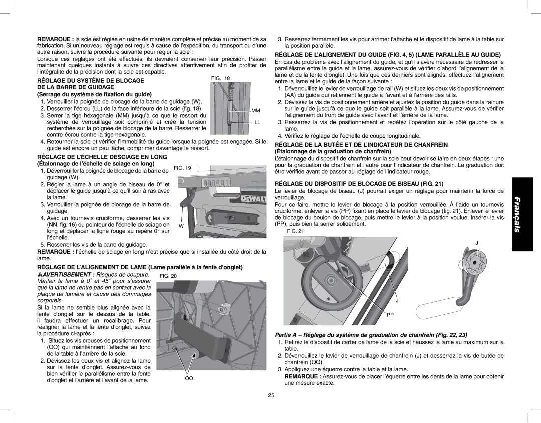 DeWalt DW745 Réglage DU Système DE Blocage, DE LA Barre DE Guidage, Réglage DE LA Butée ET DE L’INDICATEUR DE Chanfrein 