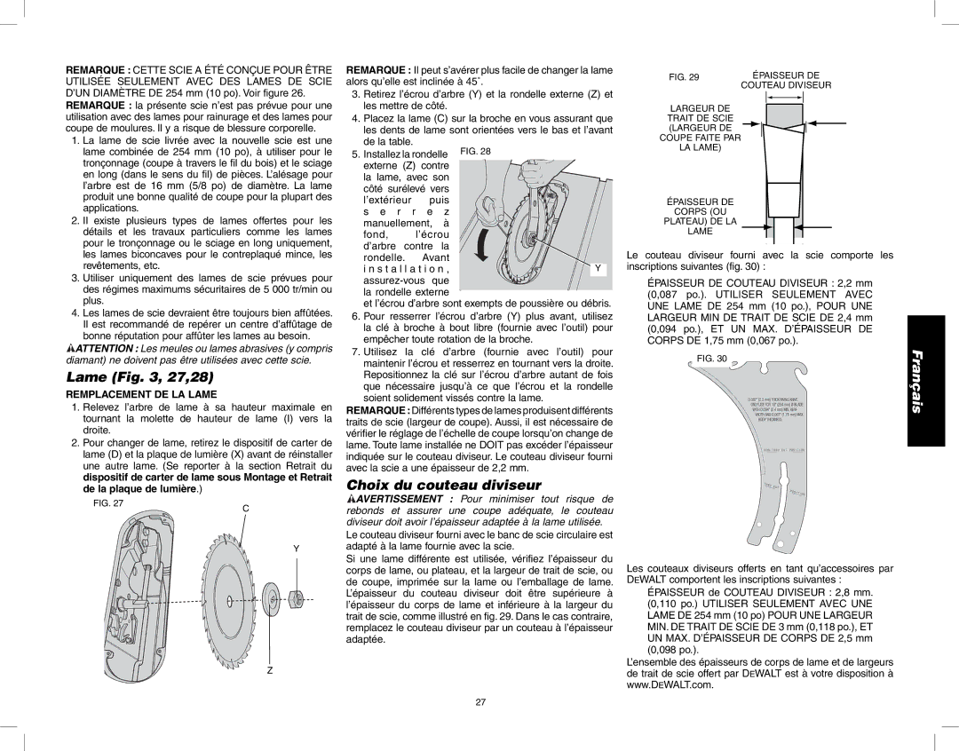 DeWalt DW745 instruction manual Lame , 27,28, Choix du couteau diviseur, Remplacement DE LA Lame 