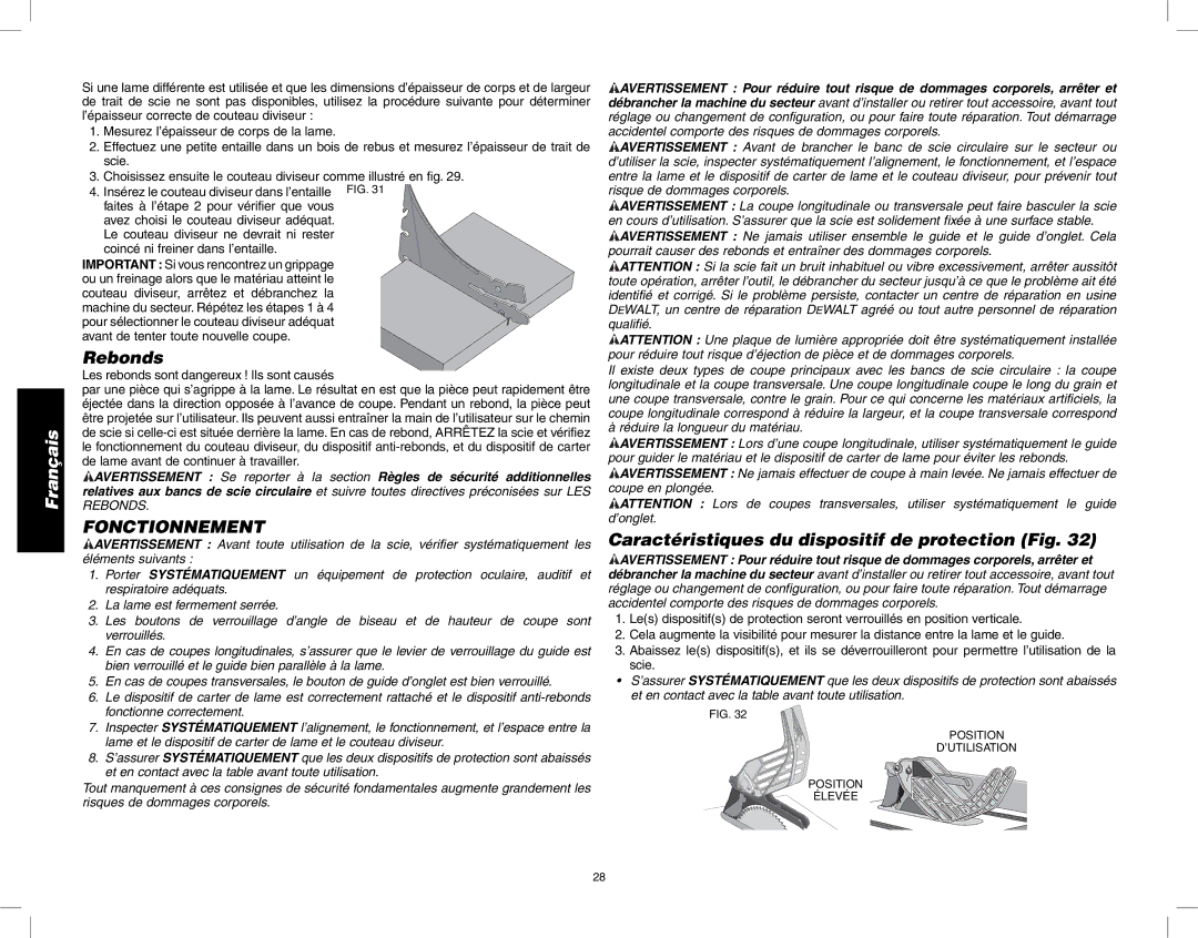 DeWalt DW745 instruction manual Rebonds, Fonctionnement, Caractéristiques du dispositif de protection Fig 