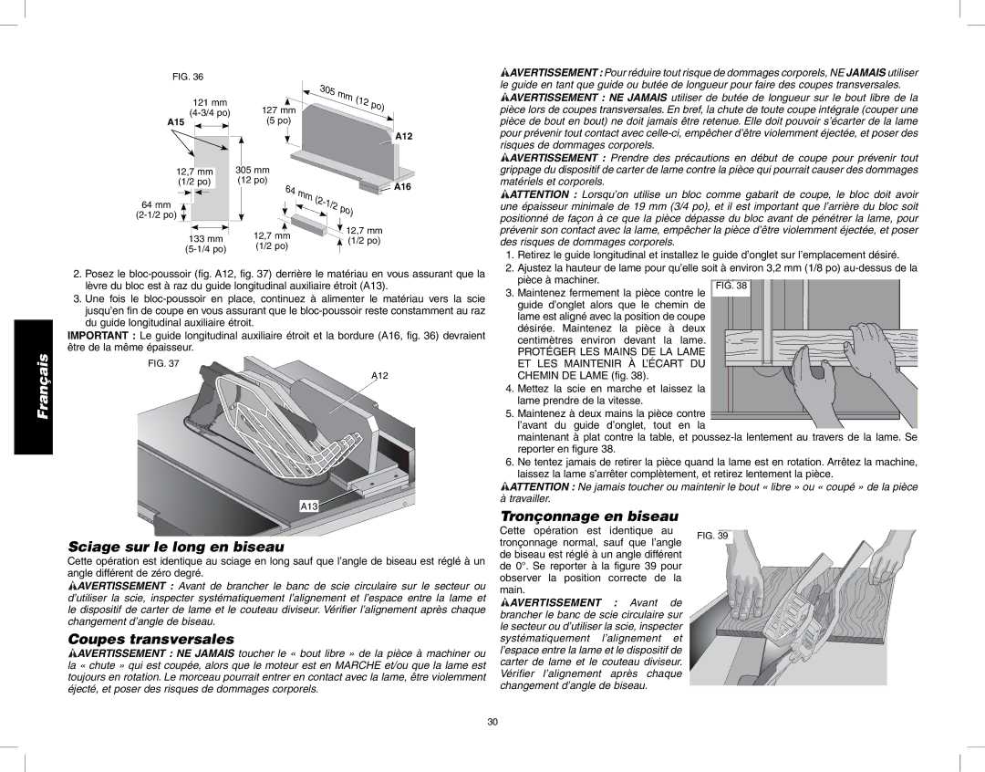 DeWalt DW745 instruction manual Sciage sur le long en biseau, Coupes transversales, Tronçonnage en biseau 