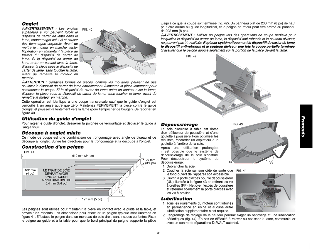 DeWalt DW745 Onglet, Utilisation du guide d’onglet, Découpe à onglet mixte, Construction d’un peigne, Dépoussiérage 