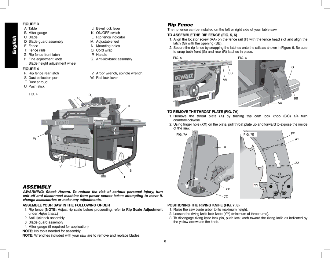 DeWalt DW745 instruction manual Rip Fence, Assembly 