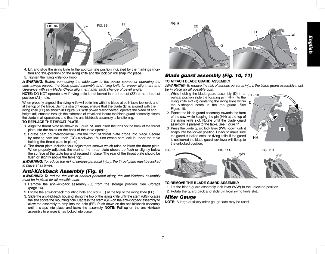 DeWalt DW745 instruction manual Anti-Kickback Assembly Fig, Blade guard assembly, Miter Gauge 