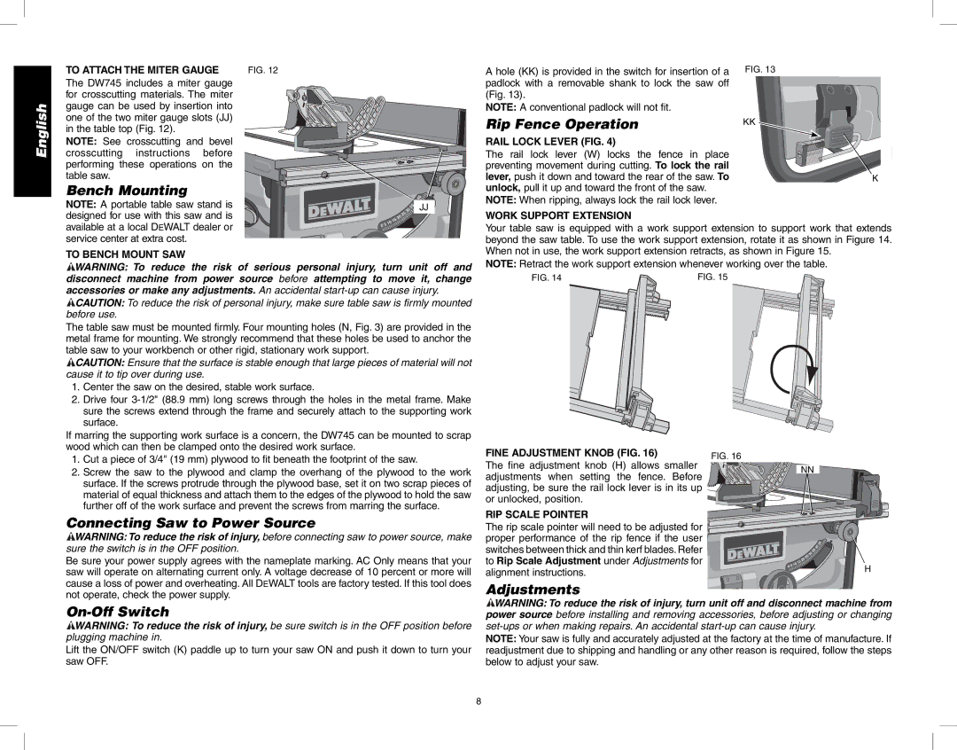 DeWalt DW745 Bench Mounting, Rip Fence Operation, Connecting Saw to Power Source, Adjustments On-Off Switch 