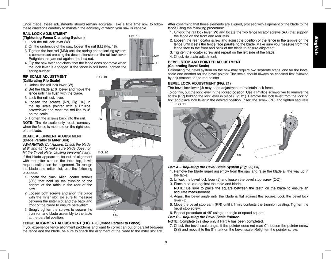 DeWalt DW745 Rail Lock Adjustment, Bevel Stop and Pointer Adjustment, RIP Scale Adjustment, Bevel Lock Adjustment FIG 