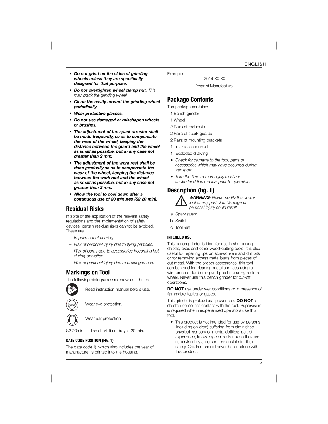 DeWalt DW752R manual Residual Risks, Markings on Tool, Package Contents, Description ﬁg 