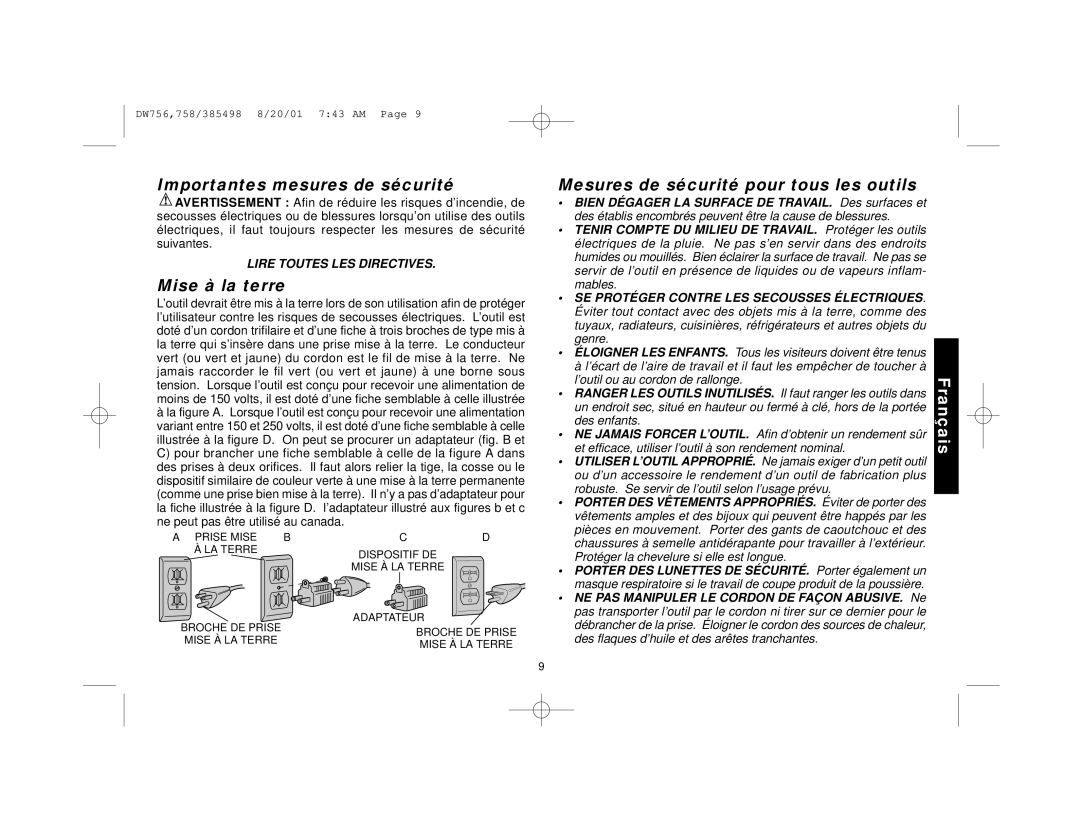 DeWalt DW756 manual Importantes mesures de sécurité, Mise à la terre, Mesures de sécurité pour tous les outils 