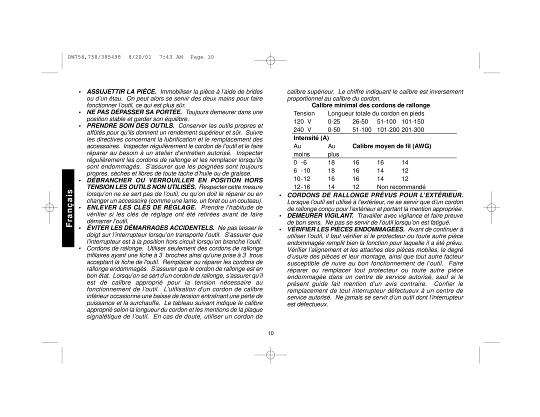 DeWalt DW756 manual Calibre minimal des cordons de rallonge 