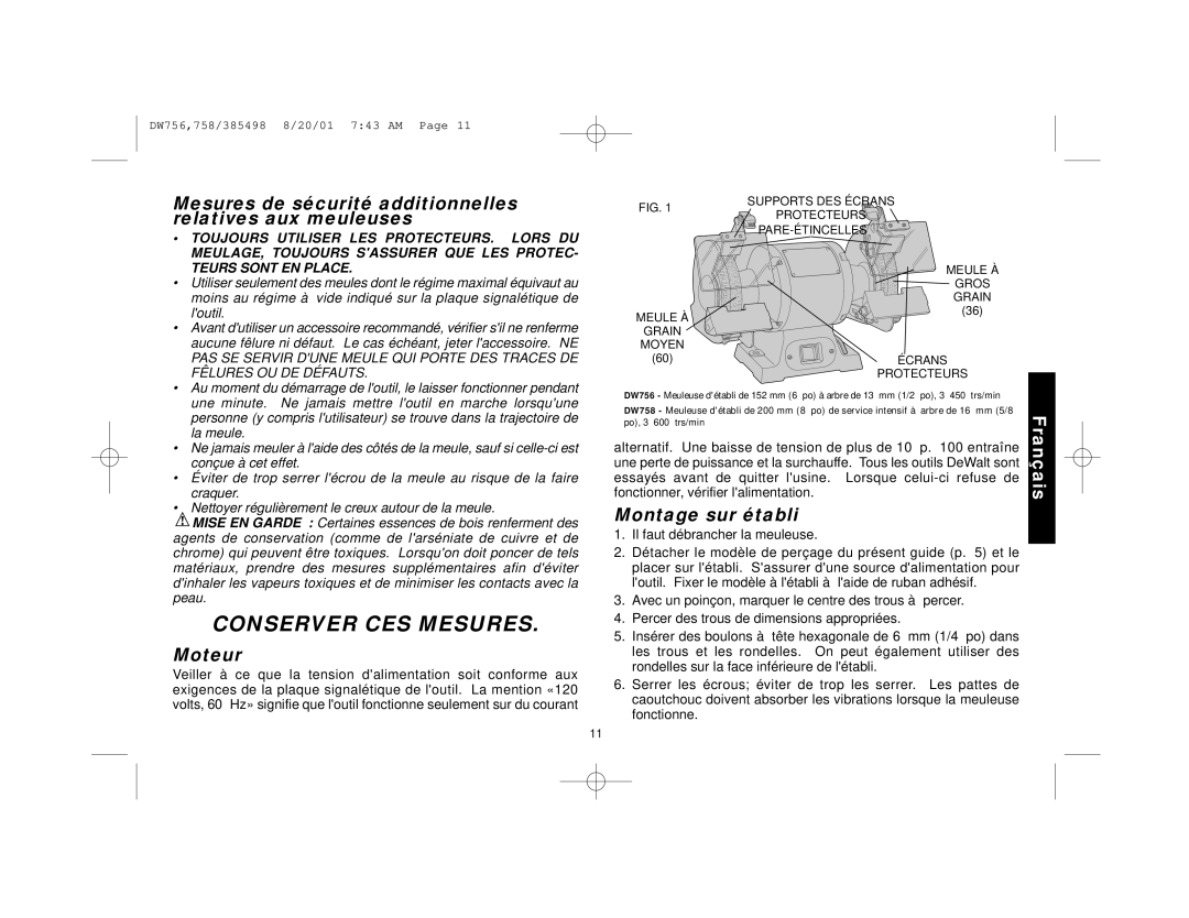 DeWalt DW756 manual Mesures de sécurité additionnelles relatives aux meuleuses, Moteur, Montage sur établi 