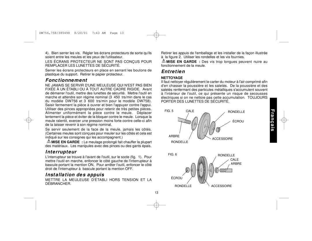 DeWalt DW756 manual Fonctionnement, Entretien, Interrupteur, Nettoyage 