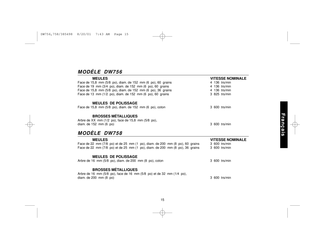 DeWalt DW756 manual Meules Vitesse Nominale, Meules DE Polissage, Brosses Métalliques 