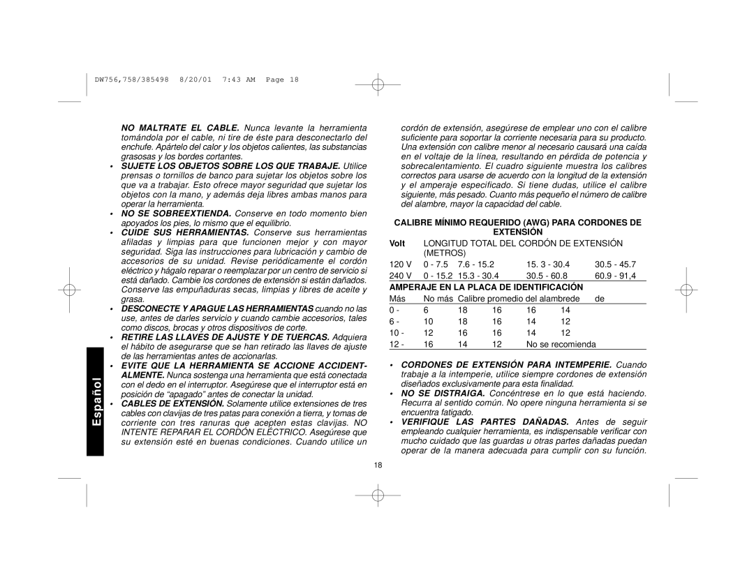 DeWalt DW756 manual Calibre Mínimo Requerido AWG Para Cordones DE Extensión, Amperaje EN LA Placa DE Identificación 