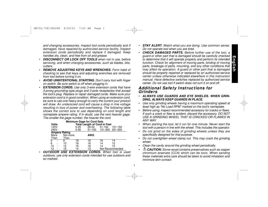 DeWalt DW756 manual Additional Safety Instructions for Grinders 