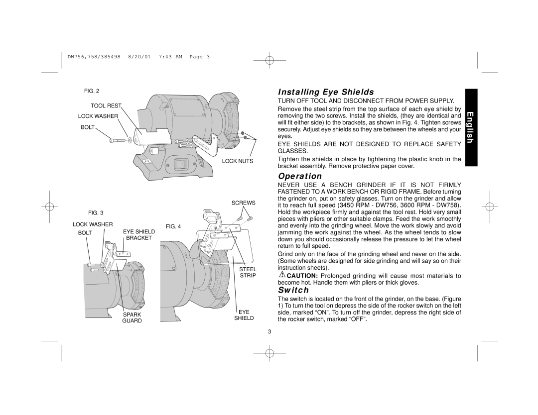 DeWalt DW756 manual Installing Eye Shields, Operation, Switch, EYE Shields are not Designed to Replace Safety Glasses 