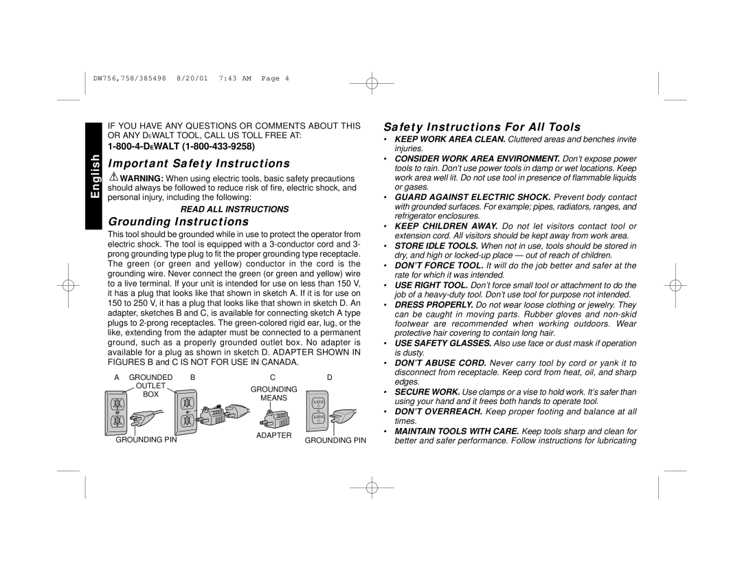 DeWalt DW758, DW756 Important Safety Instructions, Grounding Instructions, Safety Instructions For All Tools 